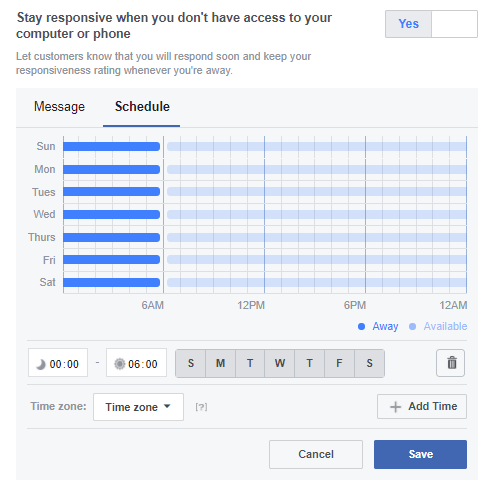 Facebook Instant Reply Schedules