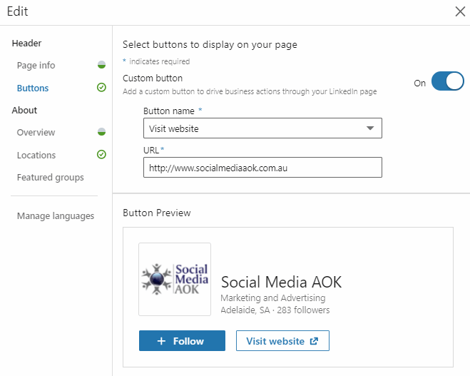 LinkedIn call to action buttons on Company Pages