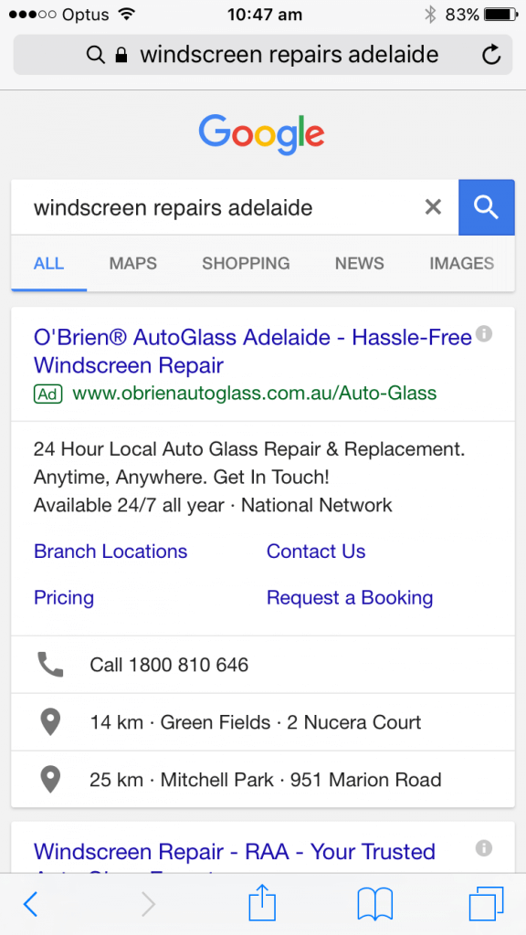 Google Search for Windscreen Repairs Adelaide
