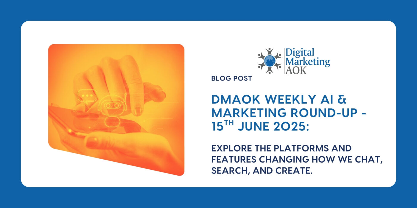 Orange-toned hand using a smartphone with chatbot and messaging icons, representing AI tools in communication, search, and content creation.